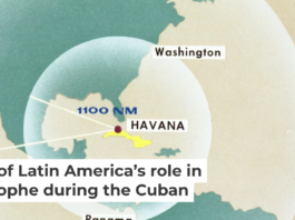 A map prepared by the Defense Department in 1962 shows potential ranges of Soviet ballistic missiles from Cuba. Department of Defense Cuban Missile Crisis briefing materials/John F. Kennedy Presidential Library and Museum